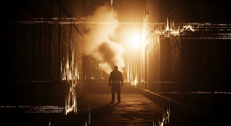 Mysterious silhouette of a man standing in the middle of a dark corridor. 3D renderingの素材