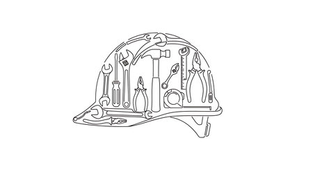 helmet with tools. vector illustration in outline style on a white backgroundの素材