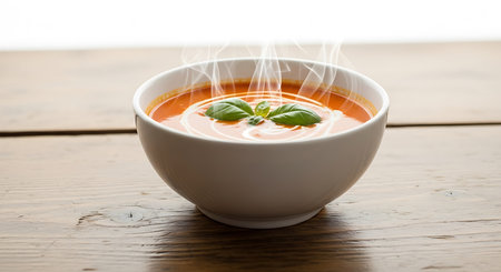 tomato soup with cream and basil in a bowl on wooden tableの素材