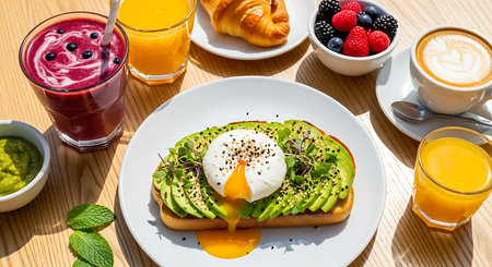 Healthy breakfast with avocado toast, poached egg, berries and coffeeの素材