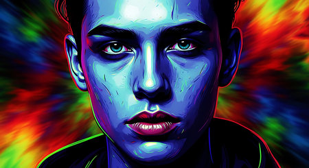 Digital illustration of a male face in neon light. 3D rendering.の素材
