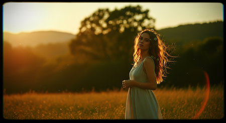 Beautiful young woman in long dress standing in the field at sunsetの素材
