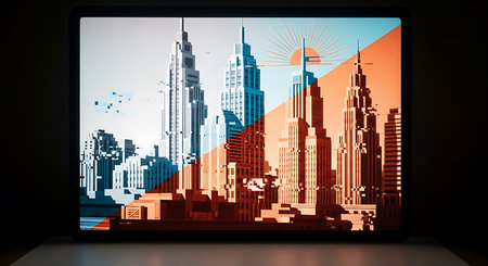 Laptop with abstract cityscape on screen. 3D Renderingの素材