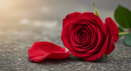 Red rose on cement floor, Valentines day background with copy spaceの素材