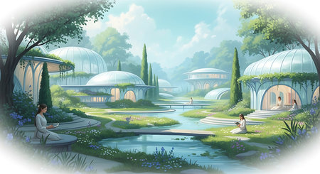 illustration of a beautiful garden with a couple sitting on a benchの素材