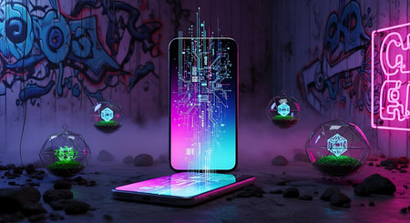 Smartphone with abstract background, 3d rendering. Computer digital drawing.の素材