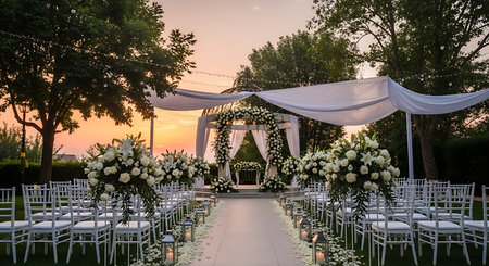 Wedding arch decorated with white flowers and greenery at sunsetの素材