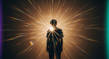 Silhouette of a man with light rays coming from behind himの素材