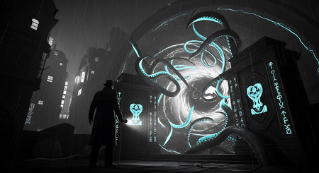 Silhouette of man in dark room against night cityscape backgroundの素材