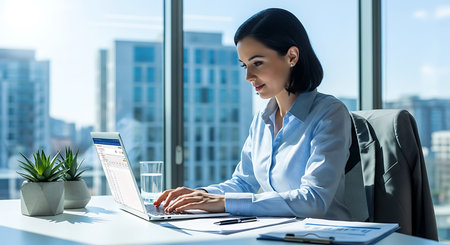 Beautiful businesswoman working with laptop in modern office. She is sitting at desk and looking at computer screen. Panoramaの素材