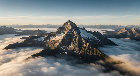 Aerial view of snow covered mountain peaks in clouds at sunset.の素材