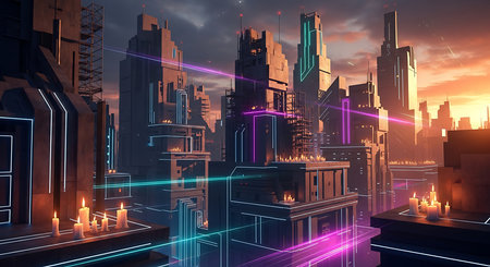 Futuristic city with neon lights. 3d rendering toned imageの素材