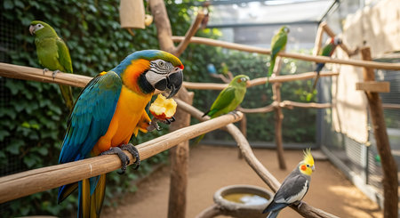 colorful parrots sitting on the perch in the aviaryの素材