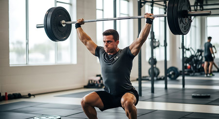 Muscular man lifting a barbell in a gym. Crossfit.の素材