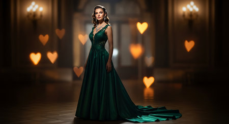 Beautiful young woman in green evening dress posing in the interior.の素材