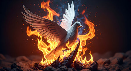 Pigeon flying in the fire. 3D illustration. Elements of this image furnished by NASAの素材