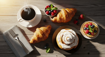 Cup of coffee and pastries on wooden table, top viewの素材