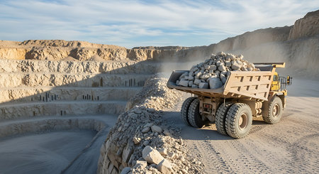 Dump truck in open pit mine. 3D render illustration.の素材