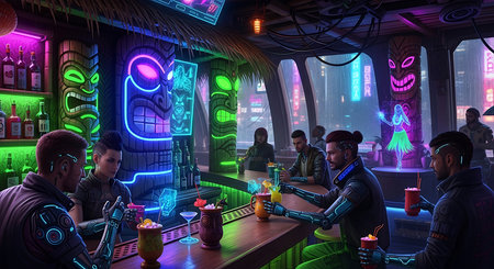 Group of friends playing a game in a nightclub. 3D rendering.の素材