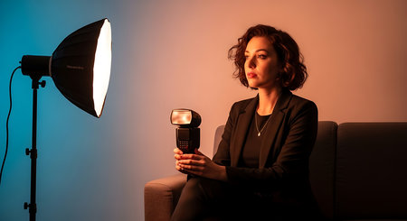 Beautiful young woman sitting on a couch in the studio and holding a smartphoneの素材