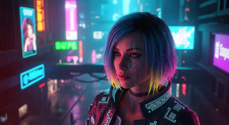 Portrait of a futuristic girl with neon lights. 3d renderingの素材