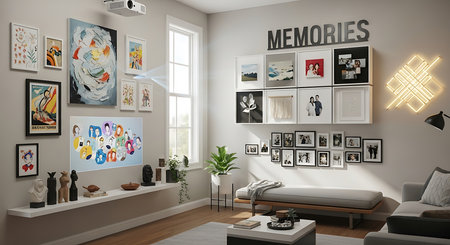 Interior of modern living room with paintings on wall 3D renderingの素材