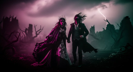 Witch and vampire couple in the dark forest. Halloween concept.の素材