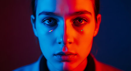 Close-up portrait of a beautiful girl with bright make-up in neon light.の素材