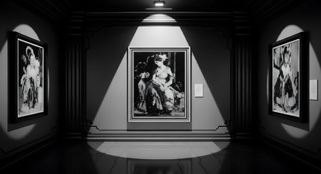 Black and white 3d rendering of an art gallery with paintings on the wallsの素材