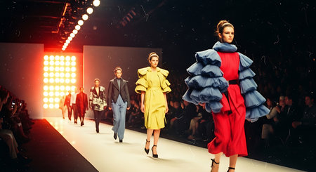 Fashion model wearing clothes for autumn-winter, designed by Robert Sever on the Zagreb Fashion Week show in Zagreb, Croatia.の素材