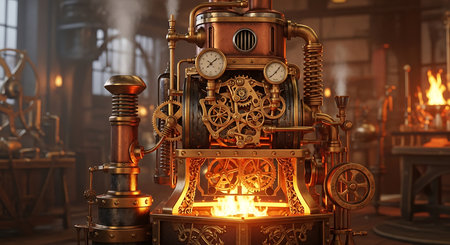 3d rendering of an old steampunk clock mechanism in a factoryの素材