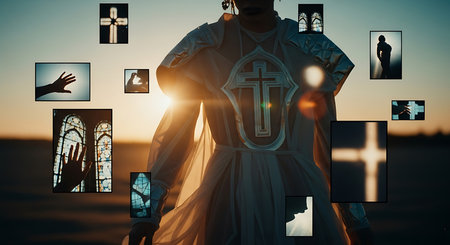 Conceptual image of a woman in a white dress with a cross in her hands.の素材