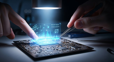 Close up of hand holding pen and touching circuit board with hologramの素材