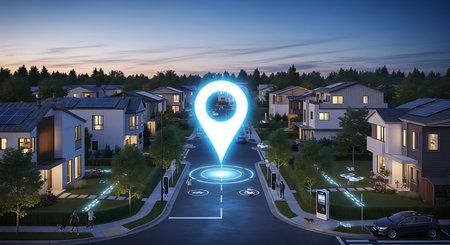 Digital composite of 3D Map pointer and modern house in the nightの素材