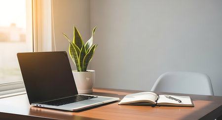 Laptop and notebook on wood table in office, work from home conceptの素材