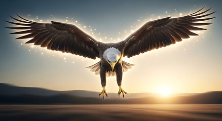 Eagle flying in the sky at sunset. 3D illustration.の素材