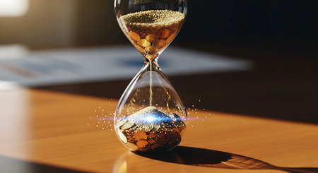 Hourglass with golden coins on table in office. Time management conceptの素材
