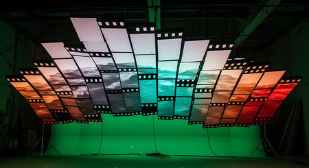 3d render of colorful film strips in the cinema auditorium.の素材