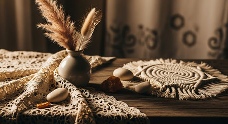 Still life with pampas grass in vase, feathers and beads on wooden tableの素材