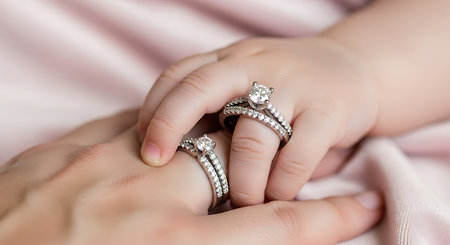 Close up of a baby's hand holding a wedding ring with diamondsの素材