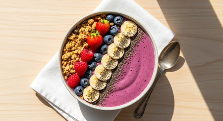 Healthy breakfast bowl with blueberry smoothie, granola, chia seeds and fresh berriesの素材