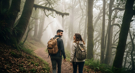 Couple hiking in the forest during the foggy day. They are looking at each other.の素材