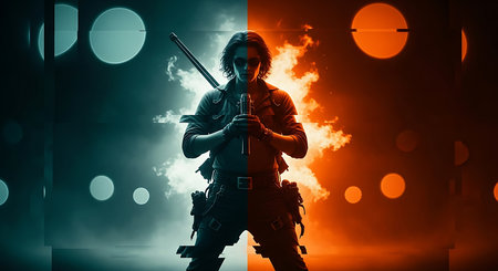 Warrior with a machine gun on the background of the night skyの素材