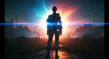 Cyborg man in front of solar panels and wind turbines. 3D renderingの素材