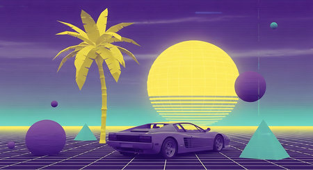 Retro Sci-Fi Landscape with a Car and Palm Tree.の素材