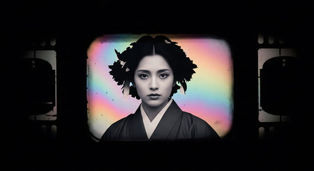 Portrait of japanese kimono woman on black backgroundの素材