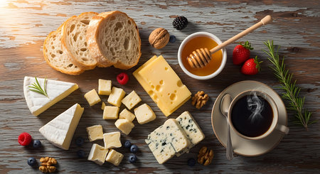 Cheese platter with honey, nuts and berries on wooden tableの素材