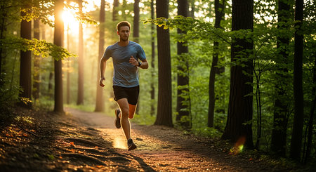 Young man jogging in the forest at sunrise. Healthy lifestyle.の素材
