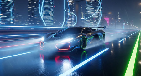 3D rendering of a sports car driving through the city at nightの素材