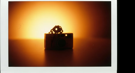 photo camera on the background of the setting sun. retro style photoの素材